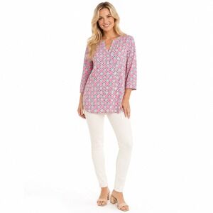 Malabar Bay Tunic Top Womens M Pink Blue Geometric V-Neck 3/4 Sleeve Boho‎